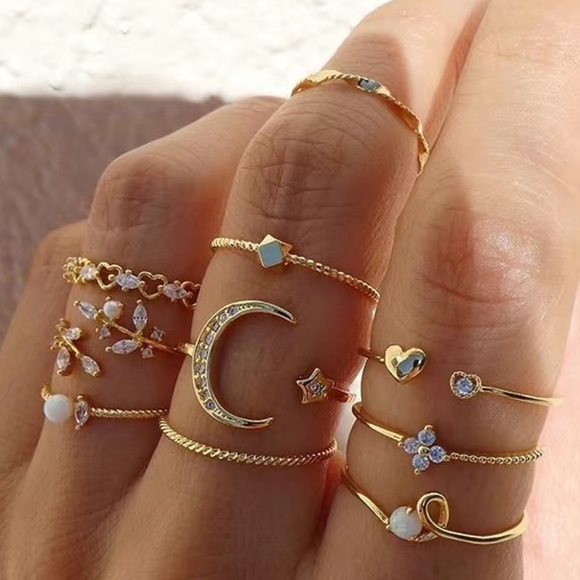 Jewelry - Gold Star Moon Opal Zircon Ring Set 10pc